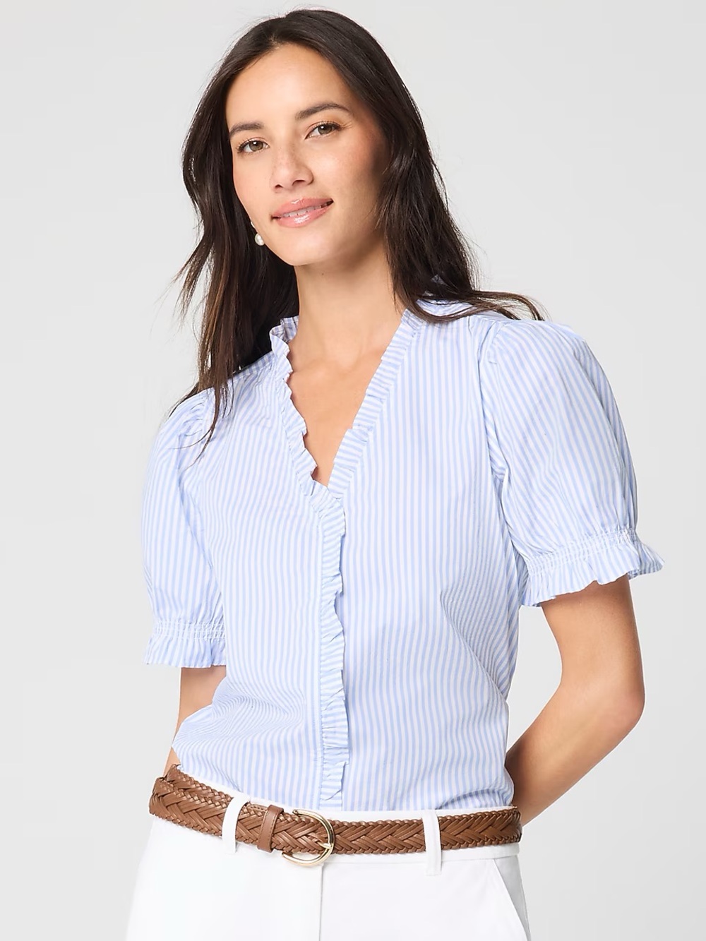 NWT! J Crew Factory - Short-Sleeve Striped Ruffle Top - White/Blue - Large